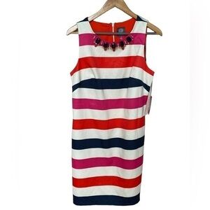 Vince Camuto women Striped Sleeveless Sheath Dress Rhinestones crew Neck 10 NEW